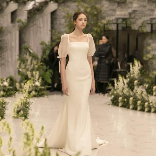 New Mermaid Satin Wedding Dress Simple Sheer Short Sleeves Korean Square Collar Buttons Свадебное платье Платья платье 2021