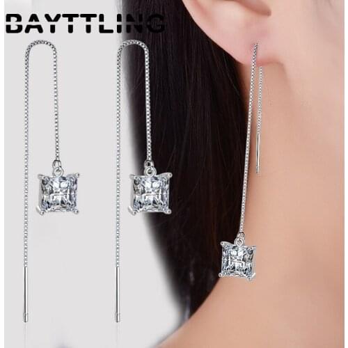BAYTTLING 925 Sterling Silver Luxury Shiny Square Zircon Tassel Drop Earrings For Woman Charm Wedding Party Jewelry Gifts