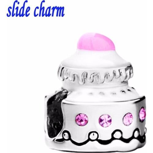 Slide charm Free shipping Unique fashion Man "three-tier cake with pink crystal" charm beads fit Pandora bracelet