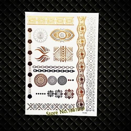 Glitter Indian Round Totem Circular Temporary Gold Henna Tattoo Sticker, WOmen Sexy Body Art Painting Heart Metallic Jewel Paste