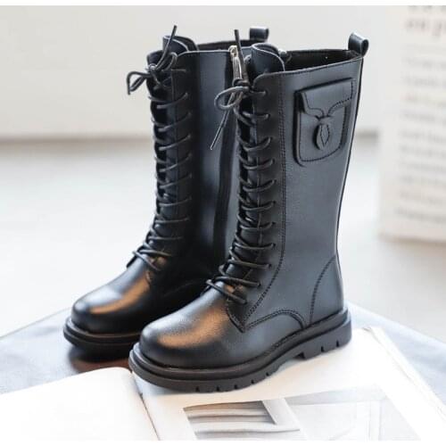 2020 Martin Boots Girls Shoes Thick Sole Lace Up Autumn Winter Mid-Caf Boots for Girls Motorcycle Boots Black Size 26-36