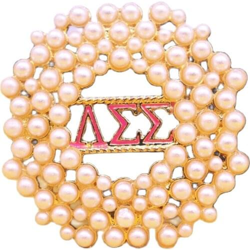 Alloy Metal Pearl Soror Letters Lambda Sigma Circle Brooches
