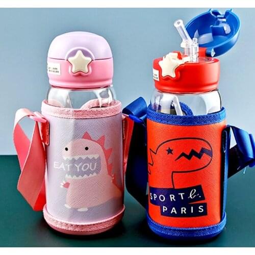 Kids Animals Water Bottle with Straw Bag Strap Carrier Locking Top Lid Leak Proof BPA Free Gilrs Boys Travel Hiking 500ml