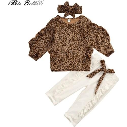 Childrens Clothing New Baby Sets Cute Long sleeve Leopard Print T-Shirt +White Pants+Headband 3pcs Outfits Girls Sets