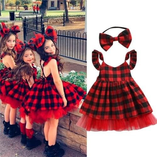 Children Girls Casual Dress 2pcs Red Plaid Printed Pattern Sleeveless Dress and Headdress Xmas Casual Outfits Gifts