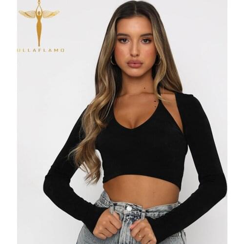 Fake-Two Splice Sexy Halter Lace-Up T-Shirts Womens Clothes Hollow Out Backless Long Sleeve Crop Tops Femme High Street T-Tops
