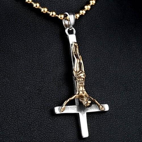 Invert INRI Crucifix Jesus Cross Pendant Necklace for Men Women Gold Color Titanium Steel Christian Prayer Jewelry Male Female