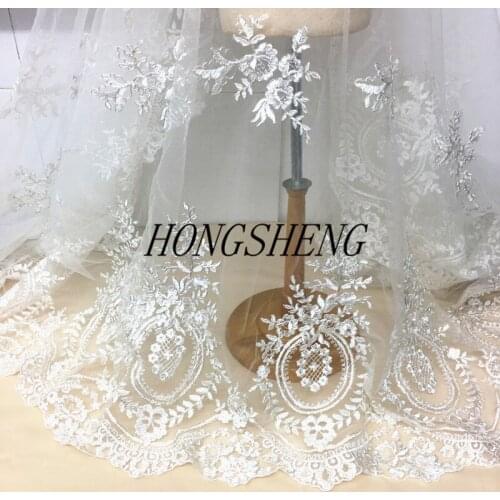 1Y/lot silver car bone embroidery lace mesh fabric for wedding dress accessories DIY material