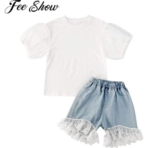 Summer Baby Girls Princess Outfit Girls Mesh Puff Sleeve T Shirts Tops+Lace Tassel Hem Denim Shorts 2pcs Kid Birthday Party Suit