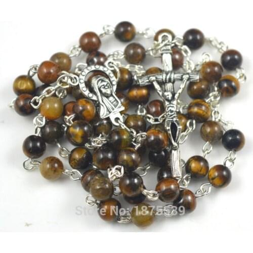 Fashion tiger eye round bead catholic rosary necklace