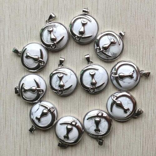 Fashion natural white turquoises stone moon cat metal alloy charms pendule Pendants for DIY jewelry marking wholesale 12pcs/lot