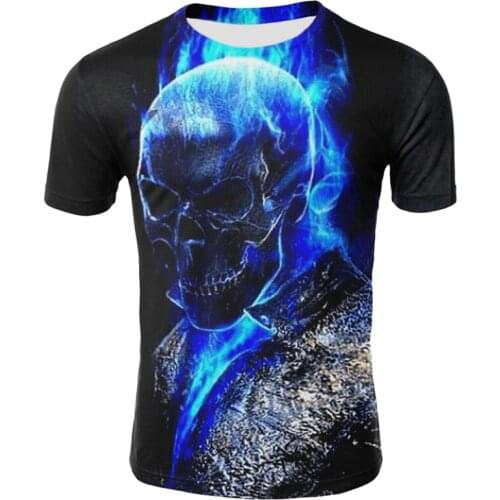 Mens Skull T shirts Fashion Summer Short Sleeve Ghost Rider Cool T-shirt 3D Blue Skull Print Tops Rock Fire Skull Tshirt Men