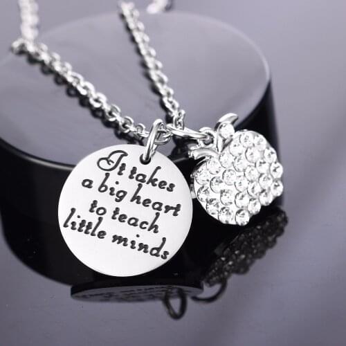 Stainless Steel Rhinestone Heart Apple "It Takes A Big Heart To Teach Little Minds" Charm Pendant Necklace Gifts For Teachers