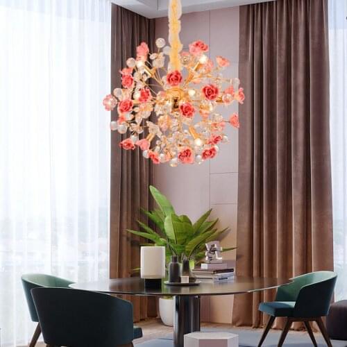 Pink Rose pendant Chandelier Crystal droplight wedding led fixture bedroom furniture Lighting Dining Room G4 LED lustre cristal