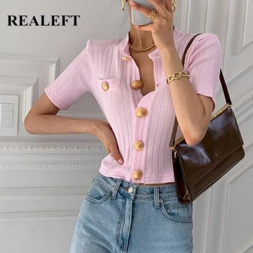 REALEFT Summer Knitted Chic O-neck Short Sleeve Womens Cardigans Sweaters Elegant Single-breasted Pockets Short Tops 2021 New
