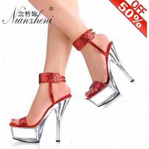 15 Cm High Heels 6 Inch High Heeled Platform Sandals Fine Silver Shiny Vamps Pole Dancing Crystal Shoes Glitter Clear Heels
