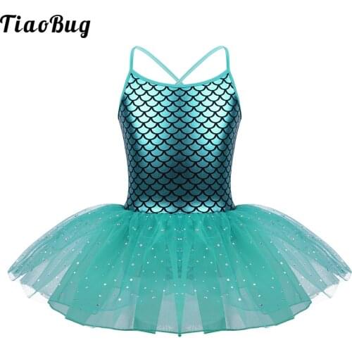 TiaoBug Kid Girls Glitter Mermaid Costume Spaghetti Shoulder Straps Scales Pattern Printed Ballet Dance Gymnastics Leotard Dress