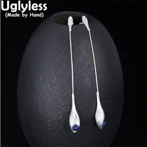 Uglyless Office Lady Elegant Dress Silver Earrings for Women 925 Silver Floral Lapis Earrings 79MM Long Brincos Fashion Jewelry