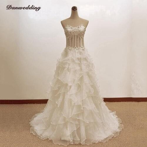 Vintage Organza A-Line Wedding Dress Sweetheart-Neck Illusion Back Lace Applique Bridal Dress Refinement Beaded Wedding Gowns