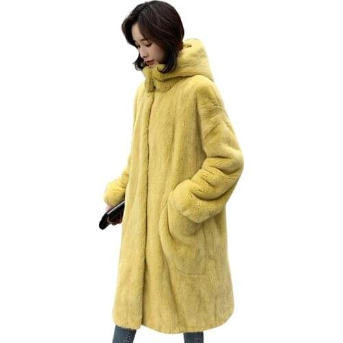 Womens long mink coat imported small female mink velvet whole mink over the knee with hood new fur coat female large size