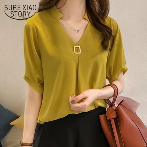 Spring New V-neck Short Sleeve Solid Color Elegant Chiffon Blouse Women Korean Loose Slim Plus Size 4XL Ladies' Tops Blusas 9313