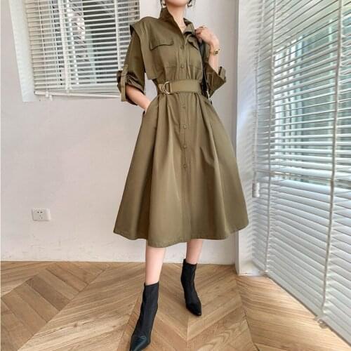 2021 New Womens Windbreaker Coat Shirt Dress Belted Fashion Female Single-Breasted Outwear Army Green Long Women Trench