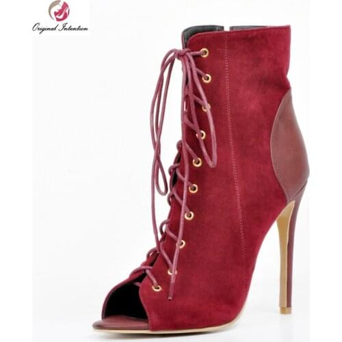 Original Intention Elegant Women Ankle Boots Fashion Peep Toe Thin Heels Boots Beautiful Wine Red Shoes Woman Plus US Size 4-15