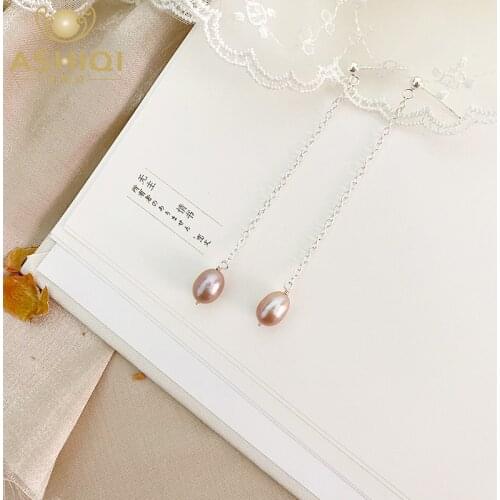 ASHIQI Natural Freshwater Pearl Long Earrings 925 Sterling Silver Fashion Jewelry for Women Gift