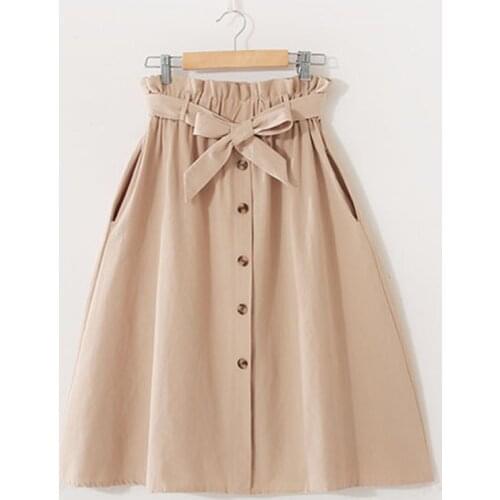 Women A-Line Casual Cotton Skirts Spring Summer Korean Style Solid Elegant High Waist Single-Breasted Bow Lace Up Midi Skir