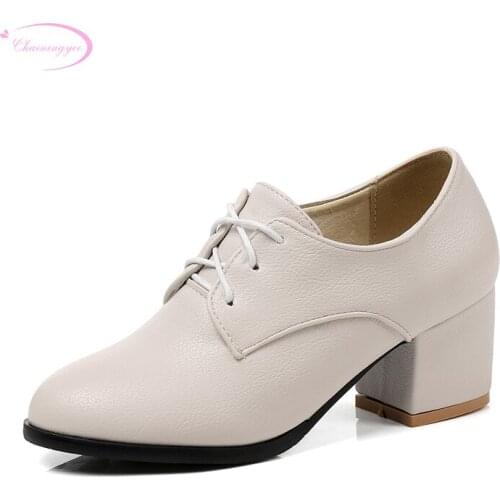 Chainingyee sweet comfortable round toe pumps fashion lace-up apricot black beige high with womens shoes big size