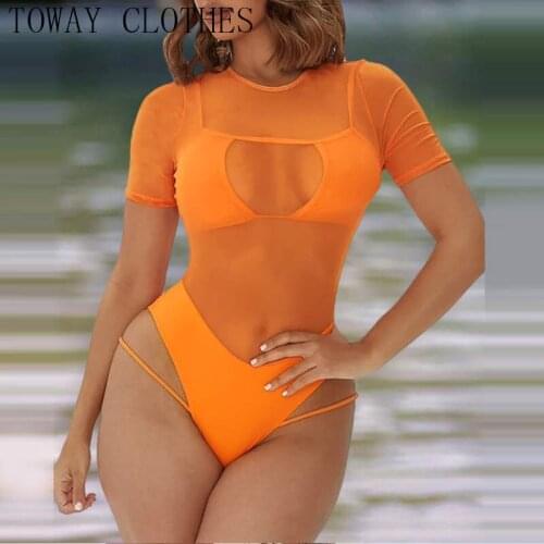 Women O-neck Short Sleeve Summer Sheer Mesh Cutout One Piece Swimsuit With Lining
