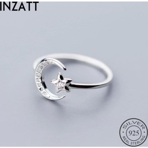 INZATT Real 925 Sterling Silver Shiny Zircon Moon Star Adjustable Ring For Charming Women Wedding Romantic Fine Jewelry Gift