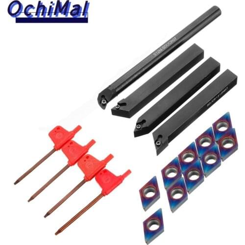 4pcs Alloy Steel 12mm Lathe Turning Tool Holder With 10pcs Blue Nano DCMT070204 Carbide Inserts and 4pcs Wrench