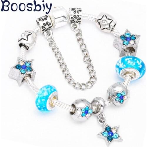 Boosbiy Silver Plated Charm Bracelets With Blue Crystal Star Beads & Pendants DIY Fashion Fine Bracelet Jewelry Gift For Women