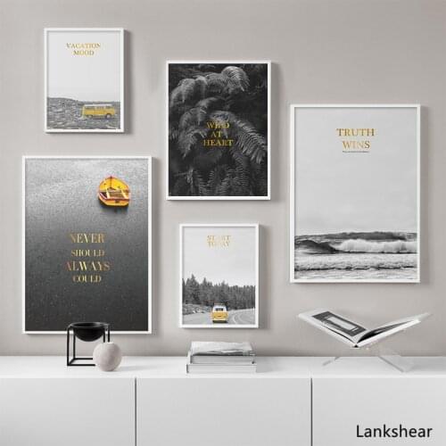 Black and White Wall Art Poster Bus Leaf Quotes Print Sea Landscape Canvas Painting Scandinavian Style Wall Picture Decoration