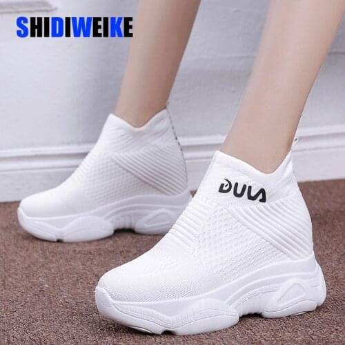 Breathable Knitted Chunky Sneakers Women 2021 New Spring Solid Wedge Sock Shoes Woman Thick Bottom High Top Shoes Female I267