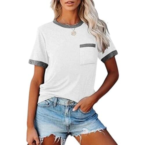 New Summer Pocket Stitching Casual Short Sleeve T-Shirt Top Women Shirt Fashion O-Neck T-Shirts Female Streetwear Ladies Tops