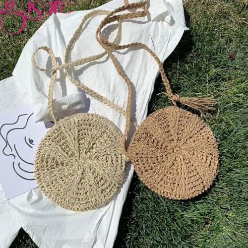 Gusure Round Women Handmade String Woven Rattan Messenger Bags Straw Circular Lady Tassel Beach Handbags Knitted Shoulder Bags