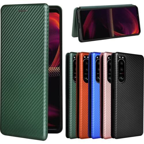 Synthetic Fiber Leather Case for Sony Xperia 5 III 6.1" Carbon Fiber Flip Cover For Sony Xperia5 III Wallet Book Cases + Ring