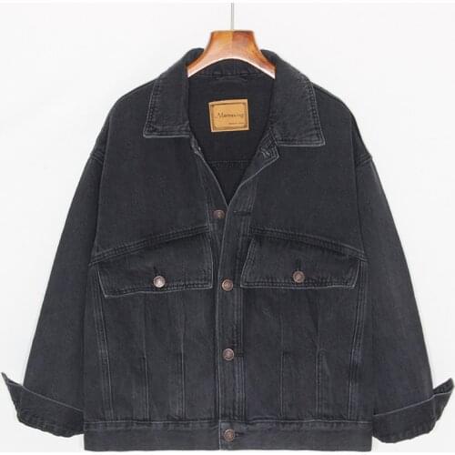 Korean Vintage Washed Black Denim Jacket Loose Big Pocket Women Casual Veste Femme Autumn Long Sleeve Female Student Basic Coat