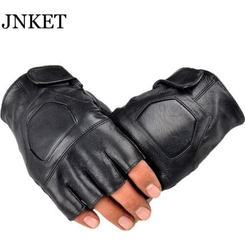 JNKET Fashion Men Black 100% Genuine Sheepskin Leather Gloves Fingerless Tactical Gloves Outdoor Sports Cycling Gloves