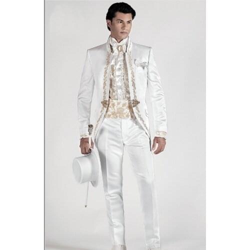 New Arrival Embroidery Groomsmen Mandarin Lapel Groom Tuxedos Men Suits Wedding/Prom Best Man Blazer ( Jacket+Pants+Vest+Tie)A59