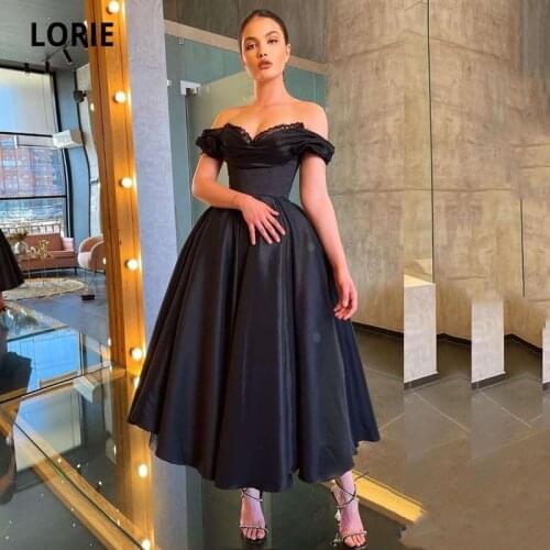LORIE Ball Gown Prom Dresses 2021 Off Shoulder Black Satin Vintage Graduation Celebrity Dress A-Line Tea Length Party Gown