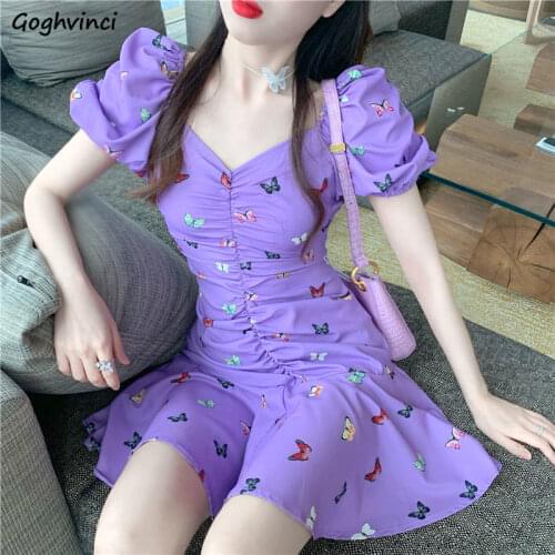 Dress Women Summer New Purple Butterfly Printing Girls V-neck Pleated Puff Sleeves Thin Slim Fashion Sexy Comfortable Students