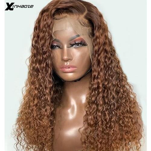 Pre Plucked Brazilian 13x4 Lace Frontal Human Hair Wigs With Natural Hairline Brown Bouncy Curly Side Part V Part Lace Front Wig