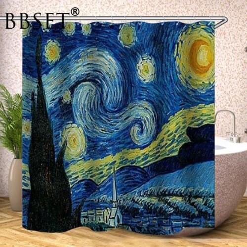Hand Painting Shower Curtain Night Starry Sky and Big Tree Pattern Waterproof Multi-size Douchegordijn Bathroom Decor with Hooks