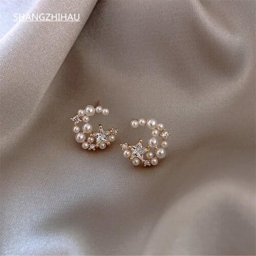 SHANGZHIHUA Luxury crystal star pearl moon earrings exquisite simple fashion earrings for womens high-end jewelry party gifts