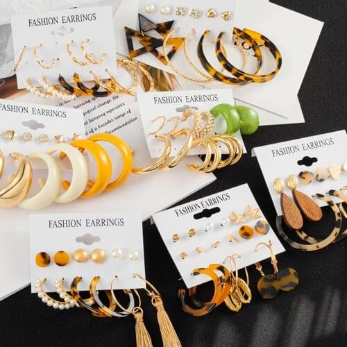 X&P Bohemian Acrylic Hoop Earrings Set For Women Geometric Tassel Metal Circle Earring Retro Earrings 2021 Trend Jewelry Set New