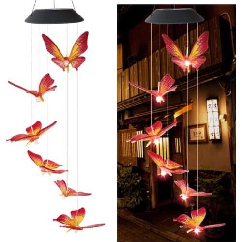 Solar Wind Chime Light Butterfly Wind Spinner Hanging Light Waterproof Garden Yard Decoration Party RGB Changing Colorful Light