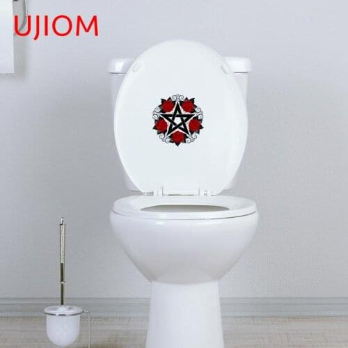 UJIOM Pentagram with Red Roses Bathroom Door Sticker Childrens Bedroom Decor Waterproof Vinyl Wall Stickers Wallpaper